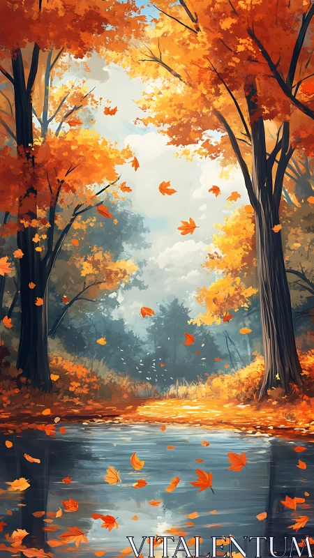 Golden autumn forest frames a reflective woodland stream.