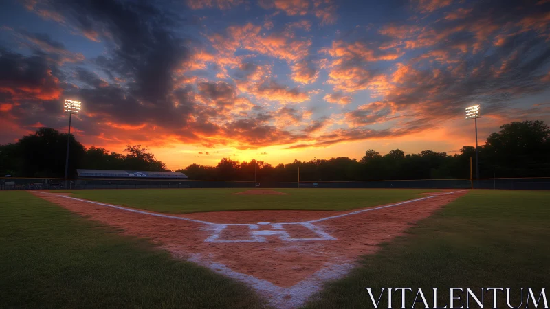 Baseball field infield sits empty under dramatic sunset sky