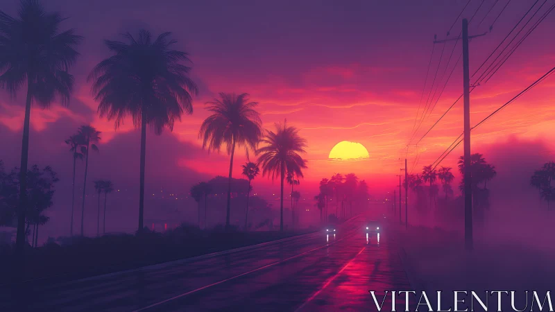 Neon dusk highway beneath misty palm silhouettes at sunset.