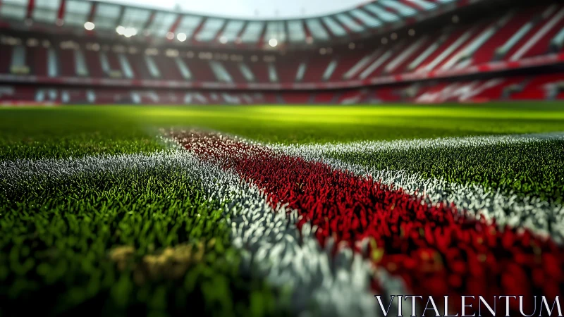 Close view of painted soccer pitch line in large stadium.