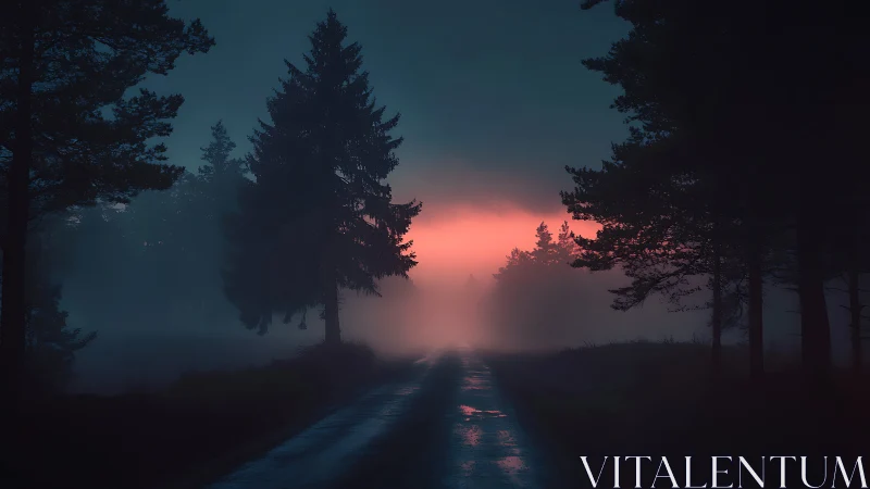 Foggy forest road glows under vivid crimson sunrise.