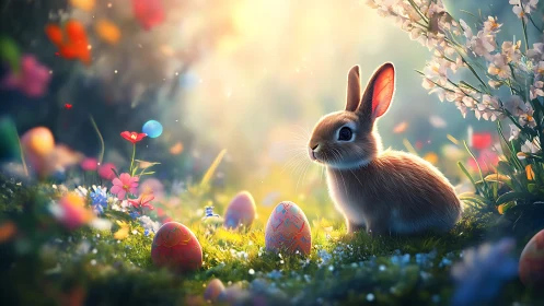 Rabbit sits among decorated Easter eggs in bright meadow
