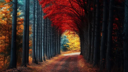 Canopy Tunnel with Saturated Autumn Foliage and Linear Perspective Convergence