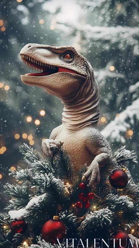 Cheerful dinosaur topper crowns a snowy Christmas tree