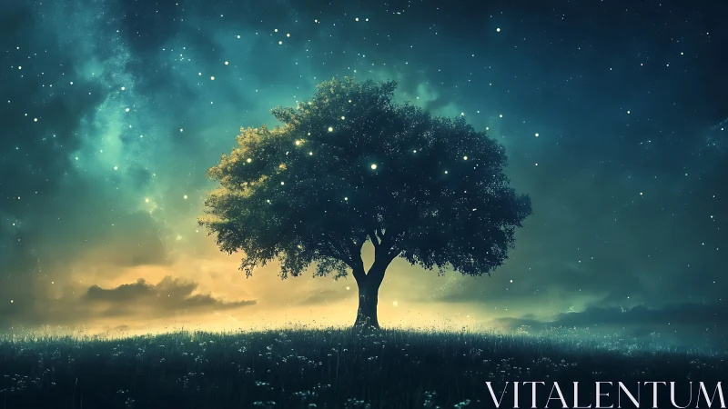 Solitary tree under glowing starry twilight sky.
