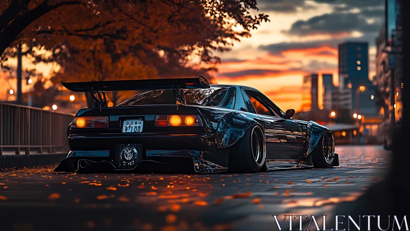 Lowered street racer coupe under cinematic autumn sunset.