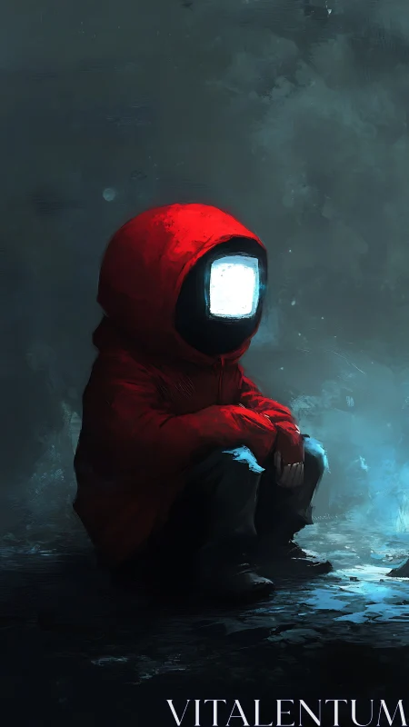 Childlike figure with glowing screen head in red hooded coat.