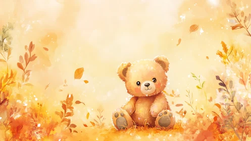 Cuddly teddy bear resting in a dreamy golden meadow.
