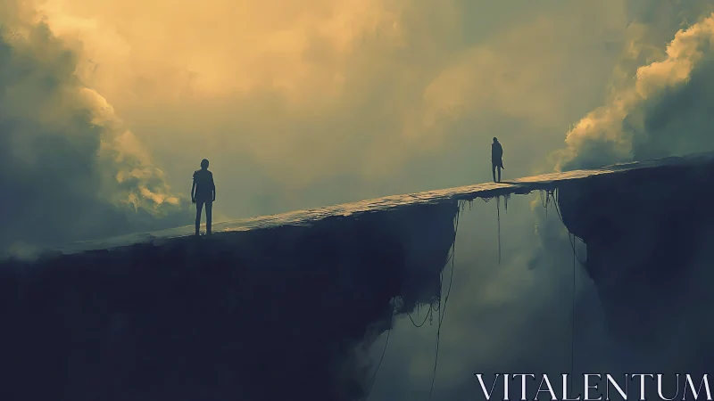 Suspended bridge between distant figures invites quiet wonder