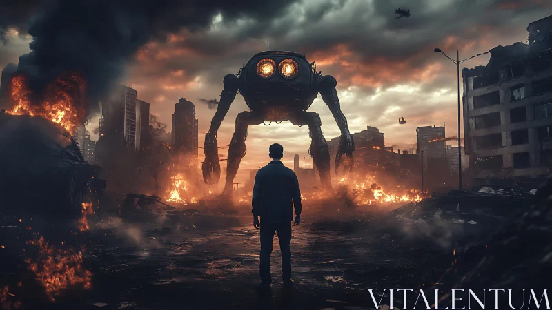 Cinematic post-apocalyptic standoff with tripod war mech silhouette.