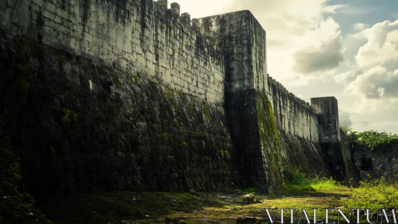 Sturdy ancient stone fortress wall basks softly in late sunlight