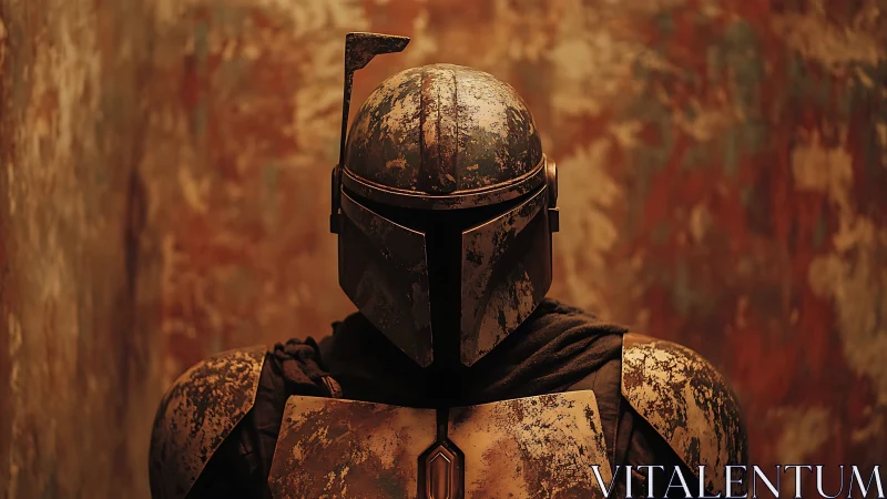 Weathered space warrior standing in warm shadowed light.