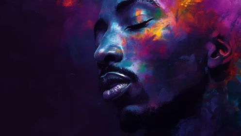 Dreamy portrait bathed in deep purples and cosmic color glow.