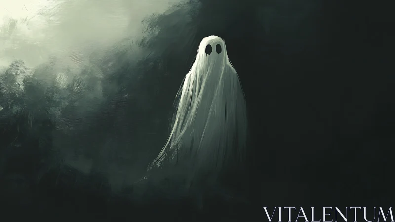 Solitary ghost drifts through dark misty void with hollow gaze