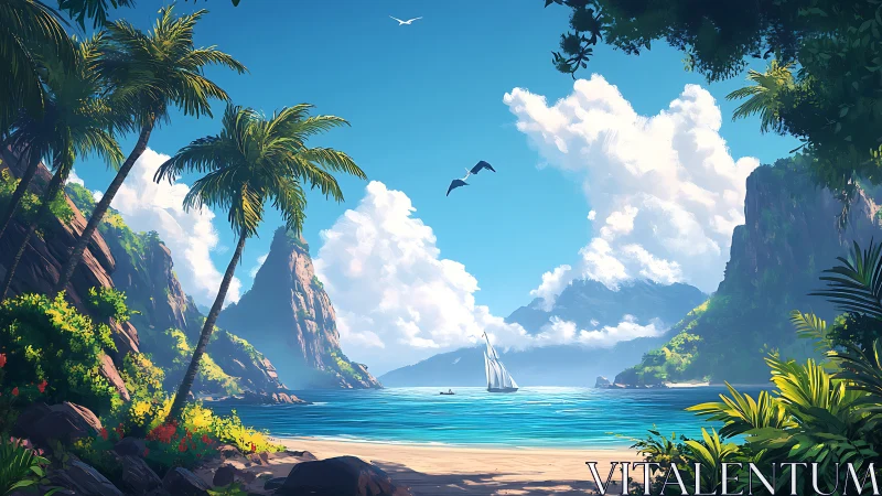 Tropical Bay with Dramatic Cliffs and Sailboat.