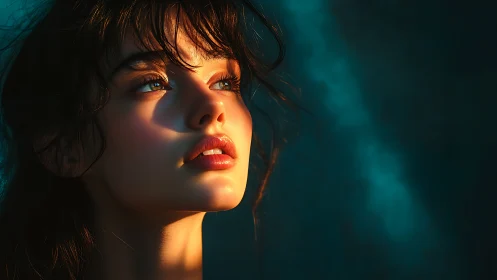 Side-lit female portrait isolates face against dark teal background