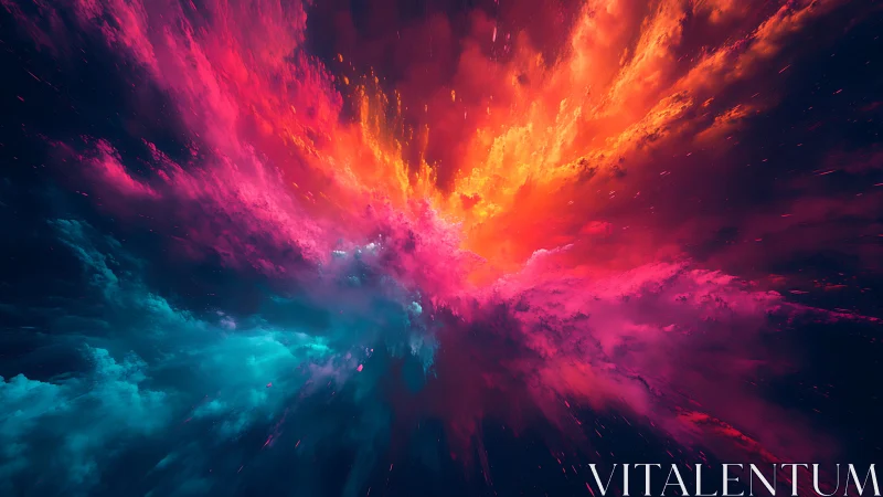 Cosmic nebula explosion in vibrant cyan, magenta, and gold.