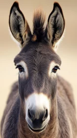 Donkey portrait with sharp focus and soft neutral background.