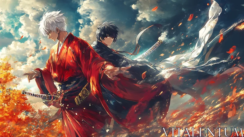 Two storm-born swordsmen share a fiery autumn sky together