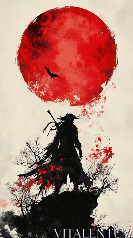 Silhouetted warrior stands below distressed red circular sun