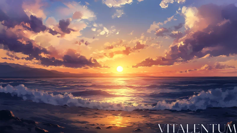 Sunlit tide waltzes under candy-cloud dusk horizon.