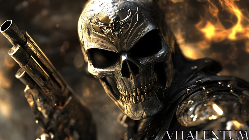 Metallic skeletal gunner rendered with high-gloss PBR detailing