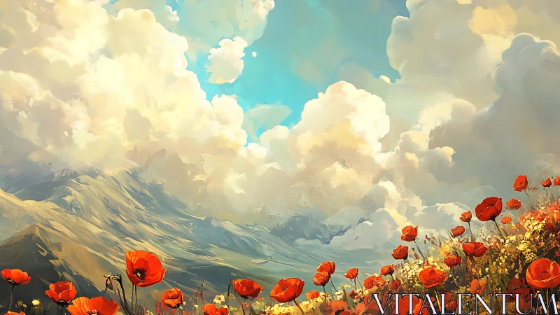 Poppy field below clouded mountain under blue sky plane.