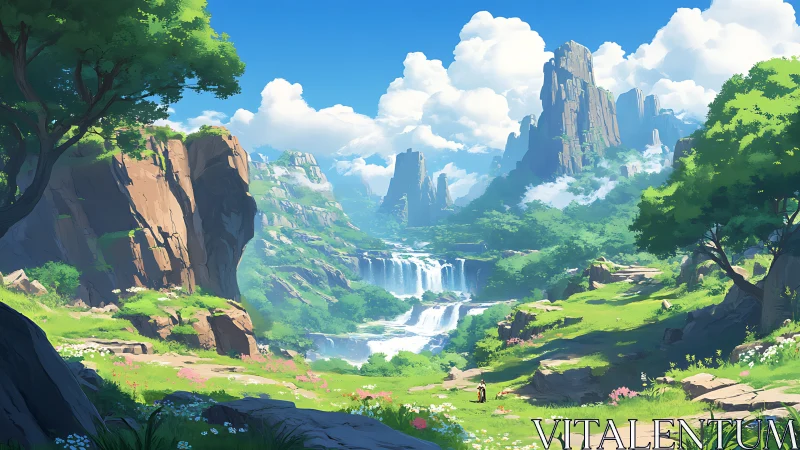 Vast fantasy valley with cliffs, waterfalls, and explorers.