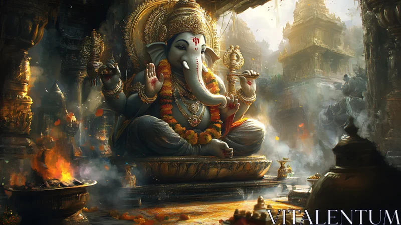 Digital painting of Ganesha in ornate luminous temple interior.