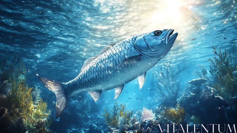 Silver fish swims through sunlit coral reef environment