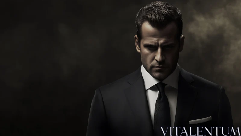 Brooding executive dominates moody low-key portrait lighting.