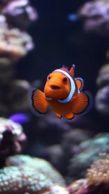 Curious clownfish gliding through a softly lit coral world.
