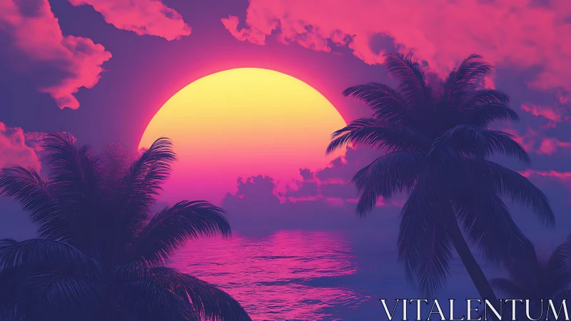 Neon tropical sunset bathes palm silhouettes in color glow.