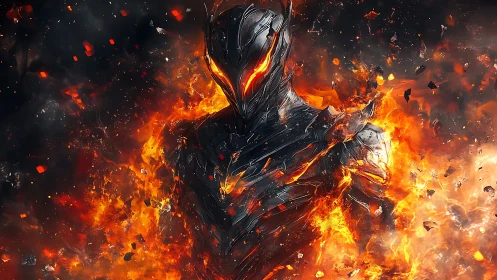 Armored humanoid figure surrounded by fragmented flames.