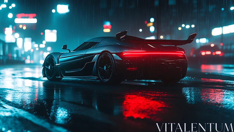 Midnight supercar glow on a neon soaked rainy city street.