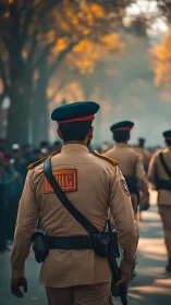 Dedicated officers walking together through soft evening light.
