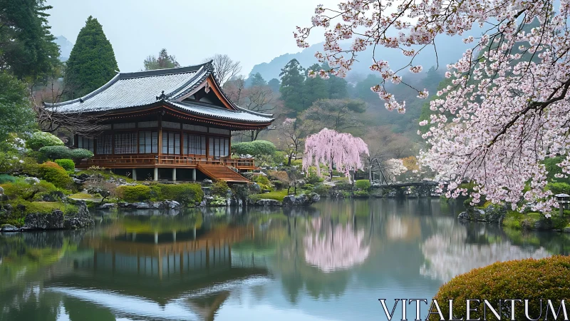 Tranquil lakeside temple embraced by soft spring blossoms.