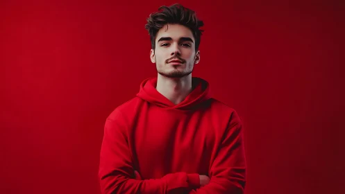 Young man in red hoodie against solid red backdrop.