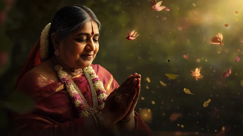 Elderly Indian woman in traditional attire praying, warm golden light.