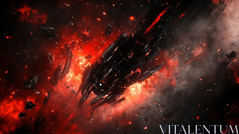 Burning starship drifts through a storm of cosmic embers.