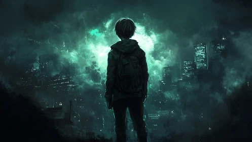 Solitary figure confronts a glowing storm over ruined city.
