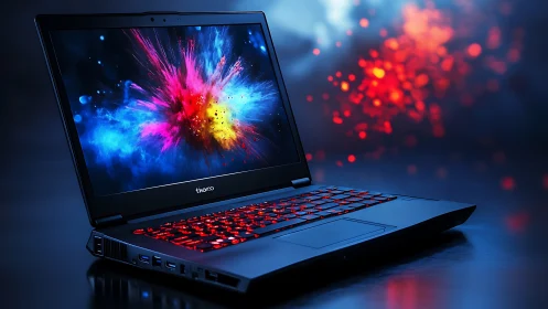 Gaming laptop displays vibrant color explosion on screen