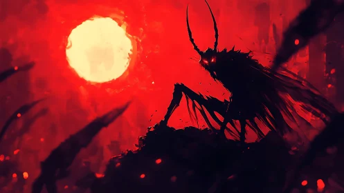 Horned shadow strides beneath a furious crimson sun