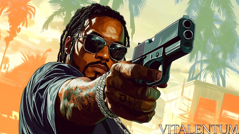 Man points handgun toward viewer in stylized city scene