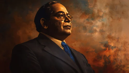 Formal portrait of suited man against textured warm sky.