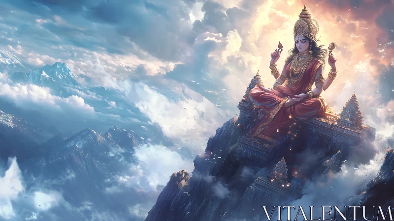 Divine goddess seated above Himalayan peaks in luminous clouds