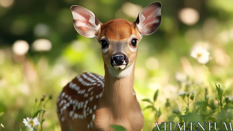 Spring meadow fawn gazes wide eyed through dappled light.