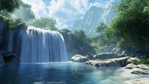 Cascading Waterfall Through Mountain Valley With Volumetric Light Rendering