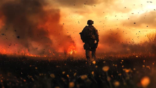 Soldier Running Through Fiery Explosions and Smoke