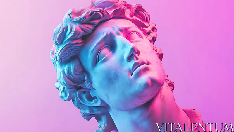 Neon-lit classical bust in duotone gradient lighting study.